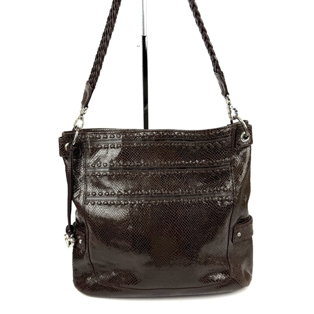 Brighton Embossed Snakeskin Hobo Handbag Brown Leather Shoulder Bag With Charm